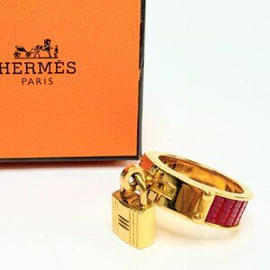 Vintage Hermes HERMES Kelly Cadena Scarf Ring Red x Gold H Muffler GS732